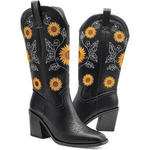 Nzzoo Western Boots Women Black Cowboy Wide Mid Calf Cowgirl Shoes